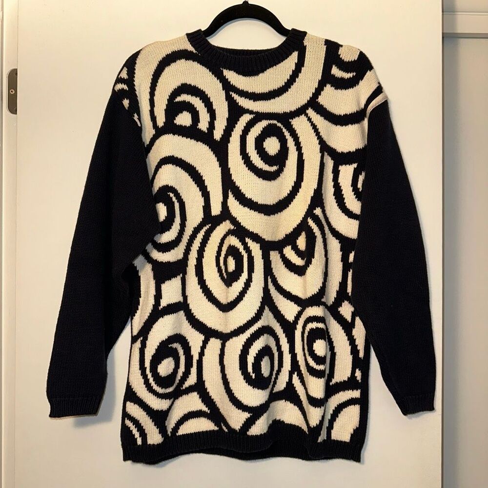 Liz & Co Womens Vintage Small Chunky Knit Sweater Navy Blue White Abstract Swirl